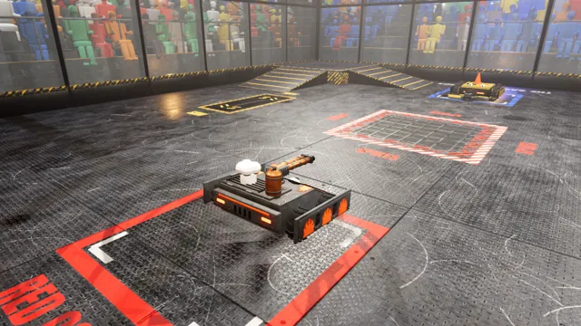 Destruction Bots: a combat robot in a lit steel arena with stands behind lexan walls