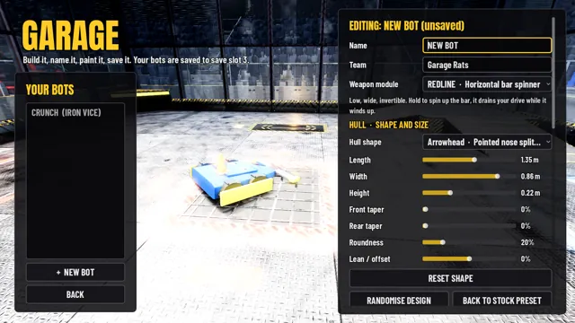 Destruction Bots garage: hull shape sliders next to a custom robot