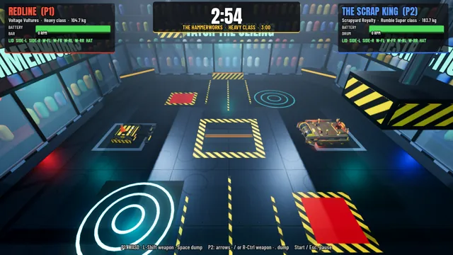 Destruction Bots gameplay HUD: Redline versus The Scrap King, 2:54 on the clock