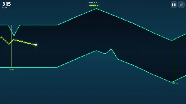 Glowwave gameplay: a bright line weaving through a zig-zag neon tunnel