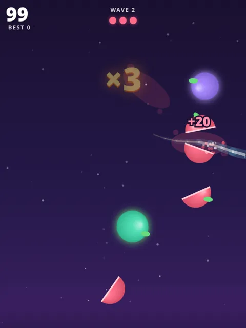 Glowwire Slice gameplay: glowing fruit sliced mid-air with a x3 combo