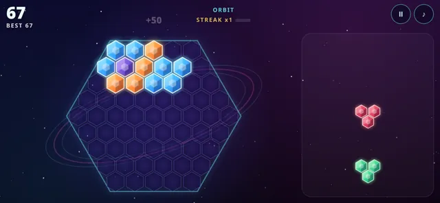 Hexfall Orbit gameplay: glossy blue and orange hex blocks on a hexagonal grid in space