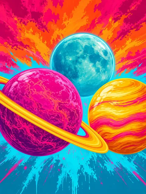 Orbital Merge title art: glowing planets over a sunset sky