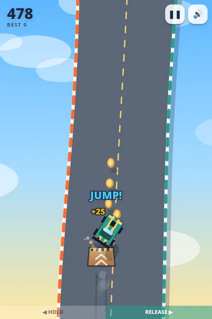 Skyline Drift gameplay: a small car jumping on a curving sky road