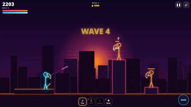 Voltbow gameplay: neon stick-figure archer duelling an enemy on a rooftop at sunset